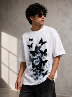 3400BC50-883C-4F5E-AAC5-35818ABFBC56 Black Butterfly Graphic Oversized White T-Shirt