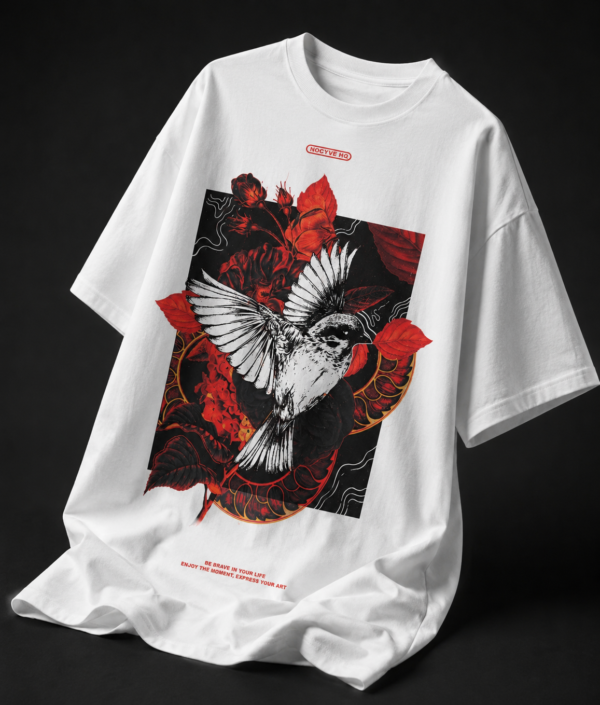 3CF19A52-D620-4DC8-A814-B5A1D8834524 Crimson Flight – Oversized Graphic T-Shirt
