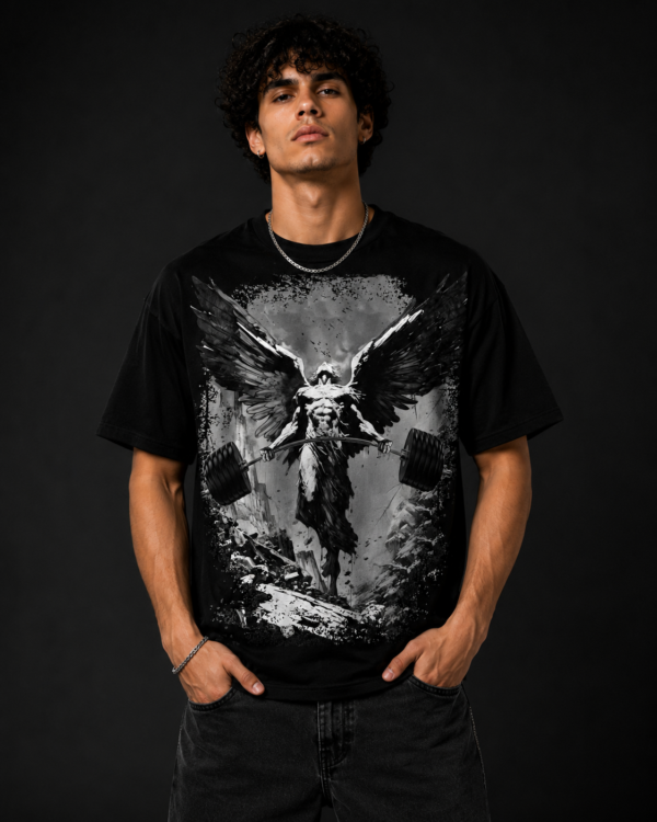 3DEEE672-0A24-4323-BF3B-4E6257EA868A Angel of Strength Premium Regular Printed Black T-Shirt