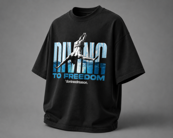 4A90DA63-FC9B-431D-9E32-B4E9F8530DB3 Dive to Freedom – Oversized Black Printed T-Shirt