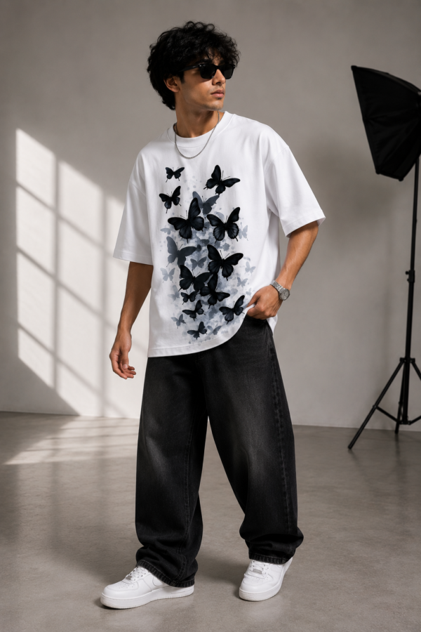 6B4DE720-C43D-4644-9F4C-44B4BC57C603 Black Butterfly Graphic Oversized White T-Shirt