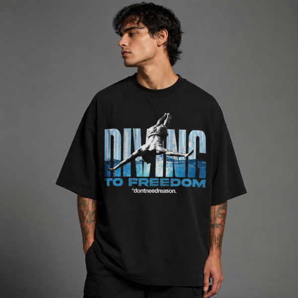 6D7C038E-8836-481D-84A8-E0CB64441543 Dive to Freedom – Oversized Black Printed T-Shirt