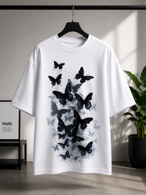 F2F8022D-8A18-465F-BD6B-6C61F1400063 Black Butterfly Graphic Oversized White T-Shirt