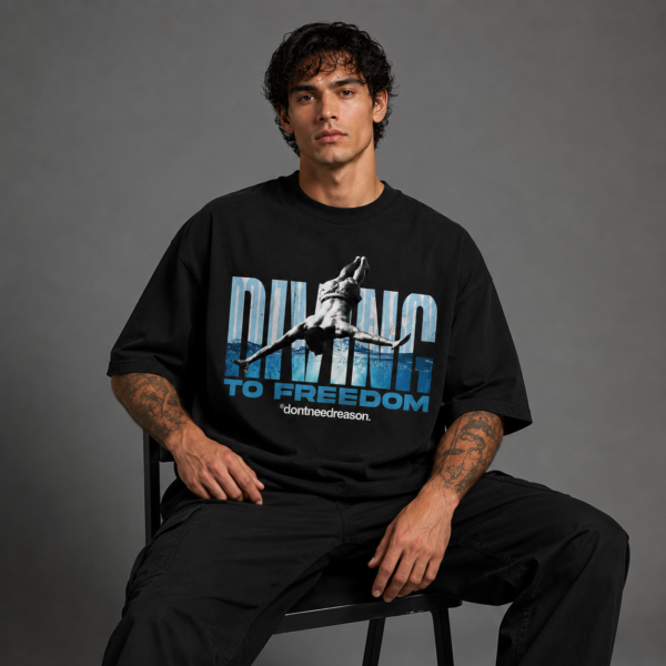 F9134967-77E8-42A2-AB74-94009F0AA518 Dive to Freedom – Oversized Black Printed T-Shirt