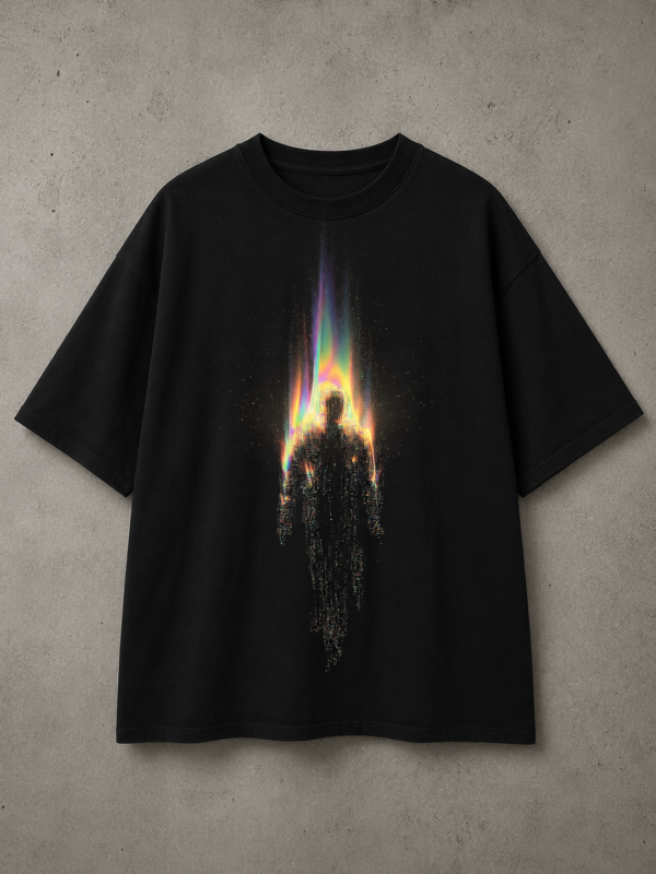 008DE0D1-362F-4700-B327-73FF9FBF1D32 Oversized Prismatic Flame Silhouette Graphic T-Shirt | Futuristic Streetwear Tee