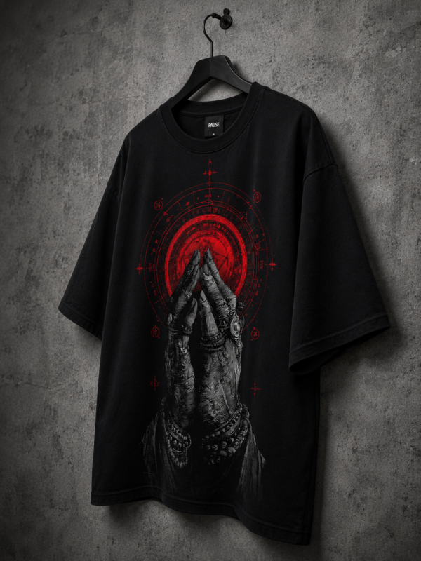 35E64533-8521-43FE-A0AA-8CDAA52E8D0C Black Oversized Praying Hands Graphic T-Shirt for Men | Gothic Streetwear Premium Cotton Tee