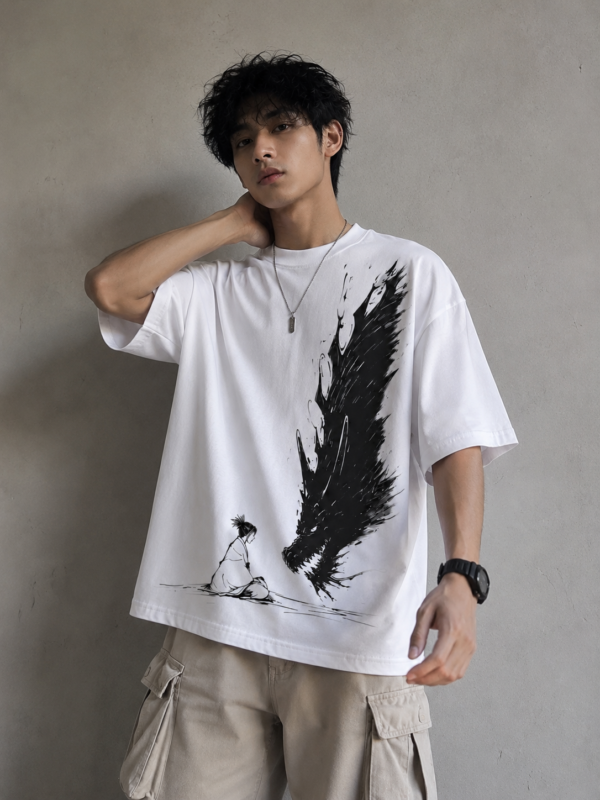 382C8FAC-95D1-4859-AD32-849C44A754FA Oversized Samurai & Shadow Dragon Graphic T-Shirt | Japanese Ink Art Streetwear Tee
