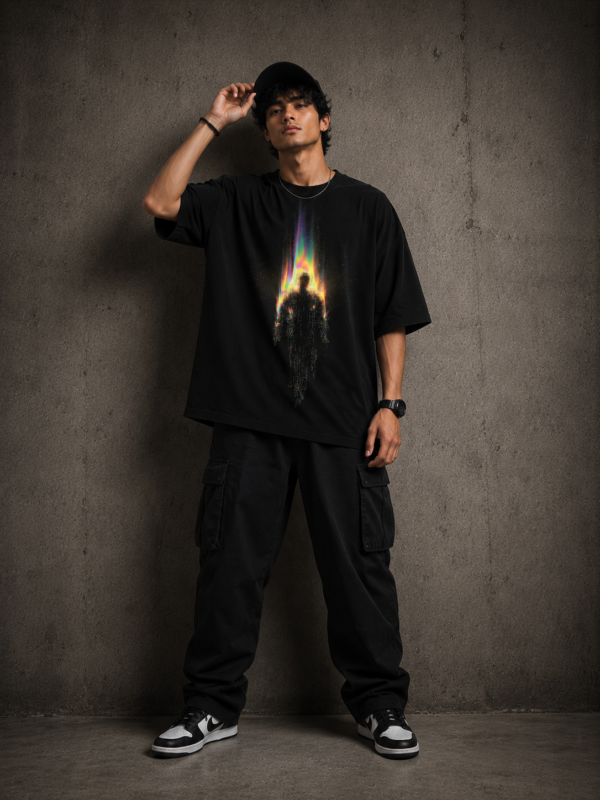 3961CE93-333C-4BD2-AFAC-E36E94221D58 Oversized Prismatic Flame Silhouette Graphic T-Shirt | Futuristic Streetwear Tee