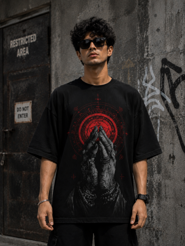3E349ACC-708D-491C-A346-82F8B64B941C Black Oversized Praying Hands Graphic T-Shirt for Men | Gothic Streetwear Premium Cotton Tee