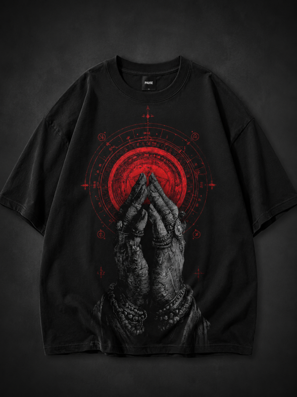 3F2B6BC4-A3F0-4B96-A7BF-CB2905827C67 Black Oversized Praying Hands Graphic T-Shirt for Men | Gothic Streetwear Premium Cotton Tee