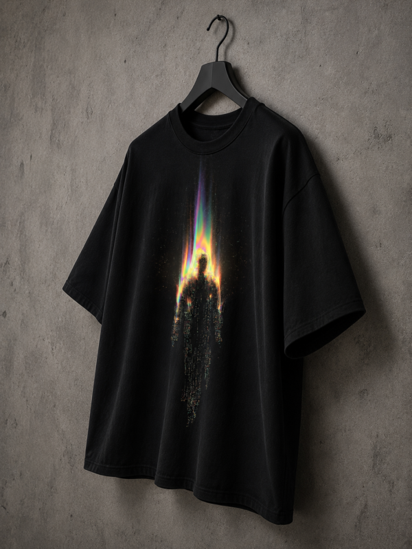 486042E5-AC28-4958-918C-EDD9C01C194A Oversized Prismatic Flame Silhouette Graphic T-Shirt | Futuristic Streetwear Tee