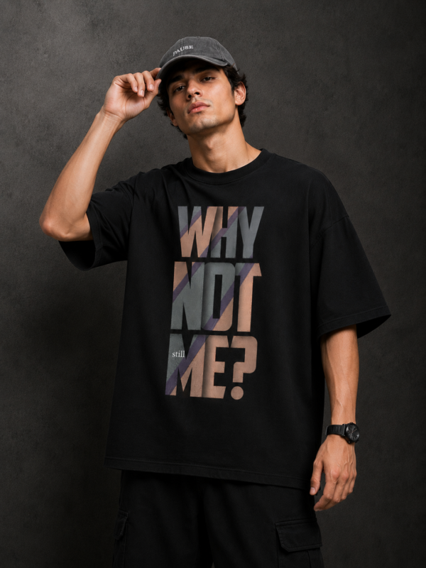 AF74C1A2-F93B-4943-9616-08C040BCF057 Why Not Me? Still Me Graphic T-Shirt – Inspirational Quote Oversized Black Cotton Tee
