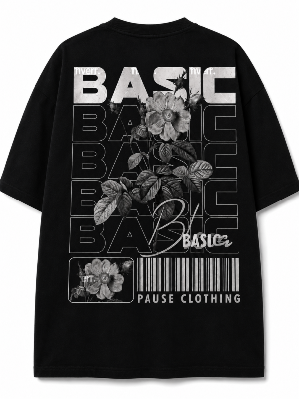 Basic Floral Oversized Black T-Shirt | Minimal Streetwear Graphic Tee for Men