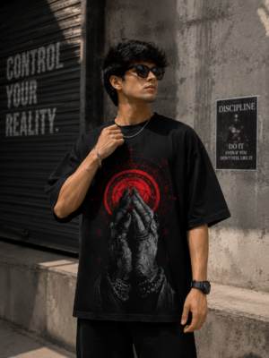 D13F754F-22A2-45A4-9713-DA40F95A3EC9 Black Oversized Praying Hands Graphic T-Shirt for Men | Gothic Streetwear Premium Cotton Tee
