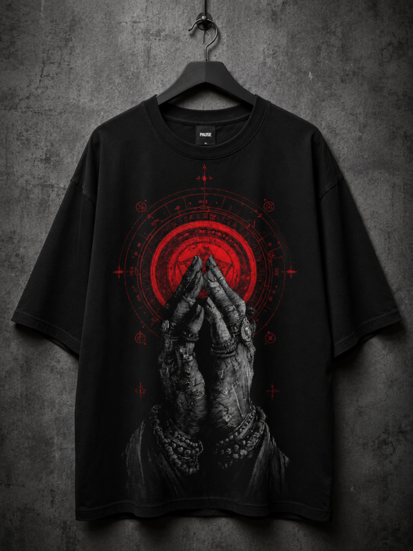 DA9CCE55-80AD-401E-B0C5-555F0891BC18 Black Oversized Praying Hands Graphic T-Shirt for Men | Gothic Streetwear Premium Cotton Tee