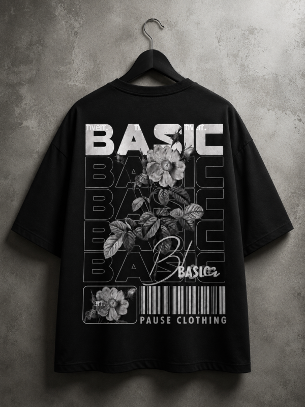 Basic Floral Oversized Black T-Shirt | Minimal Streetwear Graphic Tee for Men