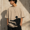 Oversized Beige Graphic T-Shirt – Vintage Black Silhouette Print Cotton Tee