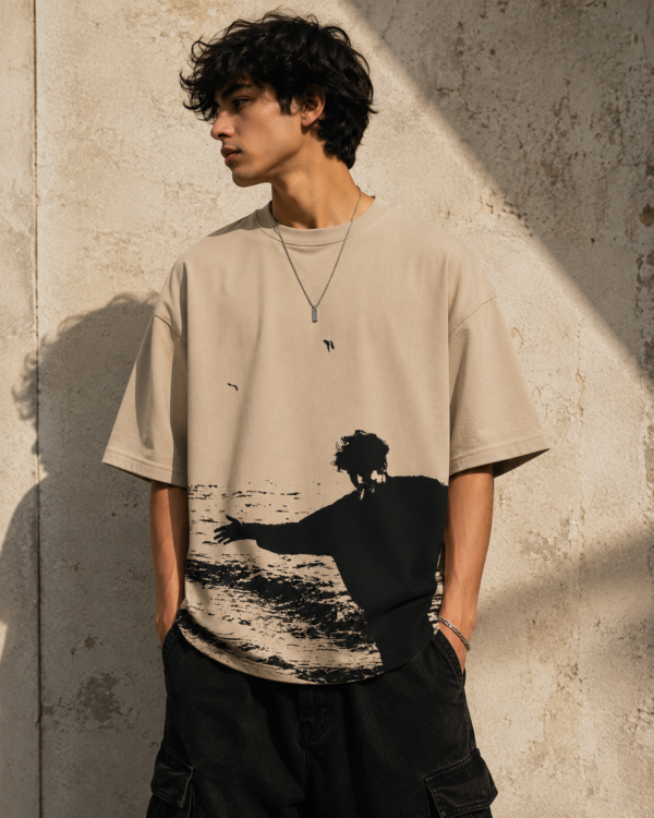 Oversized Beige Graphic T-Shirt – Vintage Black Silhouette Print Cotton Tee