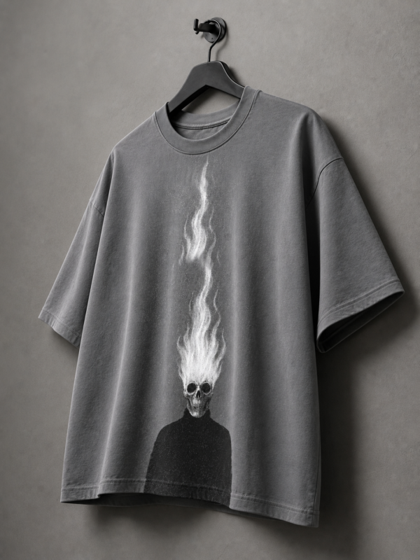 Flame Skull Graphic T-Shirt – Oversized Grey Cotton Streetwear Tee