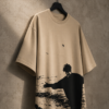 Oversized Beige Graphic T-Shirt – Vintage Black Silhouette Print Cotton Tee