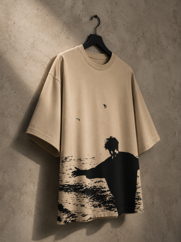 Oversized Beige Graphic T-Shirt – Vintage Black Silhouette Print Cotton Tee