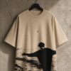 Oversized Beige Graphic T-Shirt – Vintage Black Silhouette Print Cotton Tee
