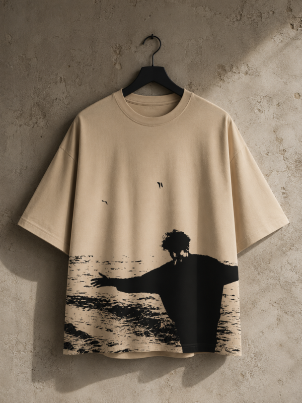 Oversized Beige Graphic T-Shirt – Vintage Black Silhouette Print Cotton Tee