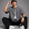 Flame Skull Graphic T-Shirt – Oversized Grey Cotton Streetwear Tee