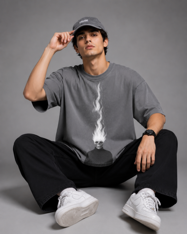 Flame Skull Graphic T-Shirt – Oversized Grey Cotton Streetwear Tee