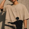 Oversized Beige Graphic T-Shirt – Vintage Black Silhouette Print Cotton Tee