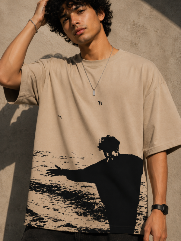 Oversized Beige Graphic T-Shirt – Vintage Black Silhouette Print Cotton Tee