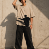 Oversized Beige Graphic T-Shirt – Vintage Black Silhouette Print Cotton Tee