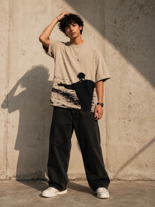 Oversized Beige Graphic T-Shirt – Vintage Black Silhouette Print Cotton Tee