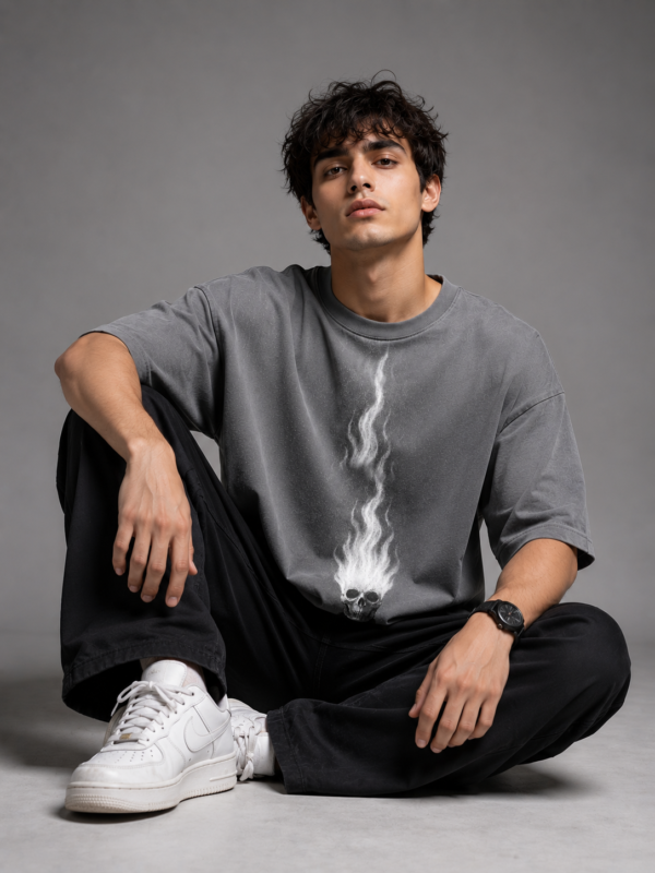 Flame Skull Graphic T-Shirt – Oversized Grey Cotton Streetwear Tee
