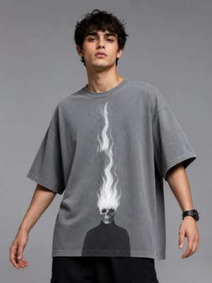 8A08AE38-07B5-410E-826D-A6D725FAD394 Flame Skull Graphic T-Shirt – Oversized Grey Cotton Streetwear Tee