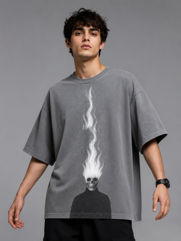 Flame Skull Graphic T-Shirt – Oversized Grey Cotton Streetwear Tee