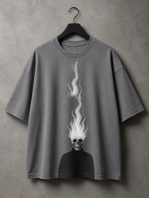 Flame Skull Graphic T-Shirt – Oversized Grey Cotton Streetwear Tee