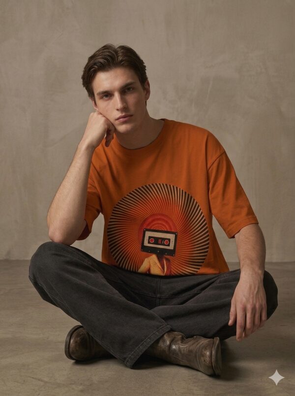 Retro Cassette Head Graphic Oversized T-Shirt – Vintage Music Inspired Orange Cotton Tee