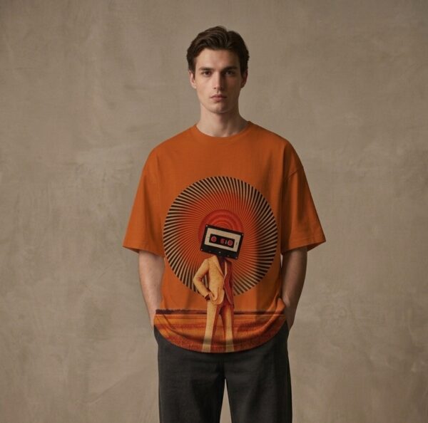 Retro Cassette Head Graphic Oversized T-Shirt – Vintage Music Inspired Orange Cotton Tee