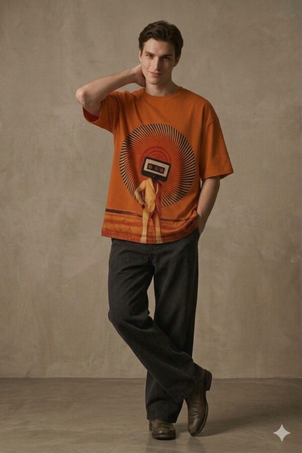 Retro Cassette Head Graphic Oversized T-Shirt – Vintage Music Inspired Orange Cotton Tee