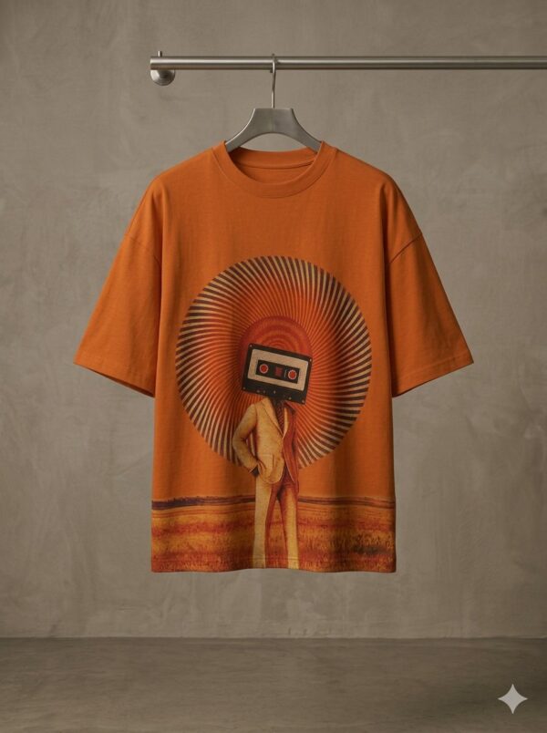 Retro Cassette Head Graphic Oversized T-Shirt – Vintage Music Inspired Orange Cotton Tee